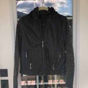 Jz Black Gray Leather ZIP Up Hooded Jacket Small